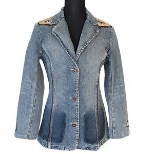 VINTAGE PARASUCO DENIM CULT JEAN JACKET BLAZER WITH LEATHER WESTERN CUT OUTS